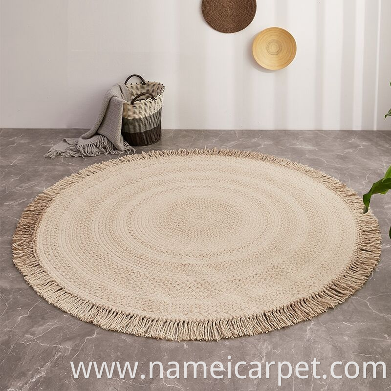 Round Wool Braided Living Room Rug With Tassels